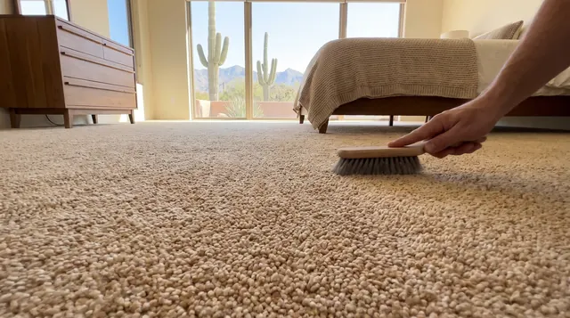 Plush beige carpet in a bedroom with a view of saguaro cactus and desert mountains