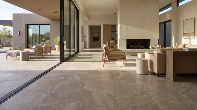 Large-format stone-look porcelain tile running from a living room out to a covered patio in a desert home